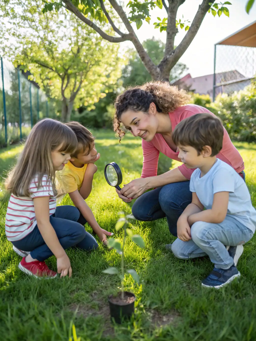 Children are planting seeds in a small garden, learning about nature, growth, and responsibility under the guidance of a teacher.
