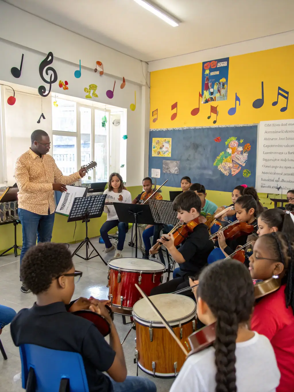 A music class with children playing various instruments like xylophones, drums, and tambourines, guided by a music teacher.