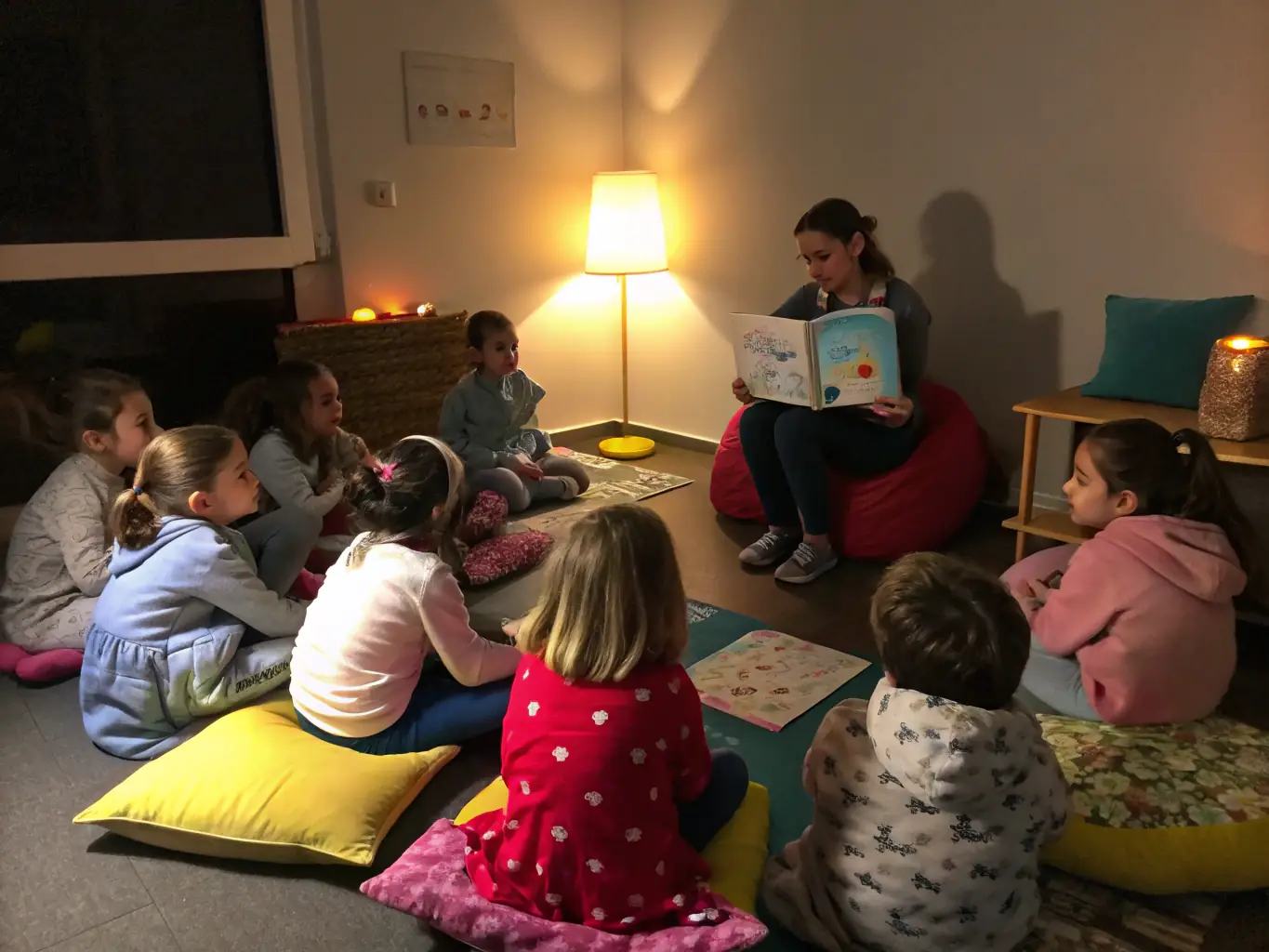 Children in a kindergarten class sitting in a circle, listening to a teacher read a storybook with colorful illustrations, fostering a love for reading and language.