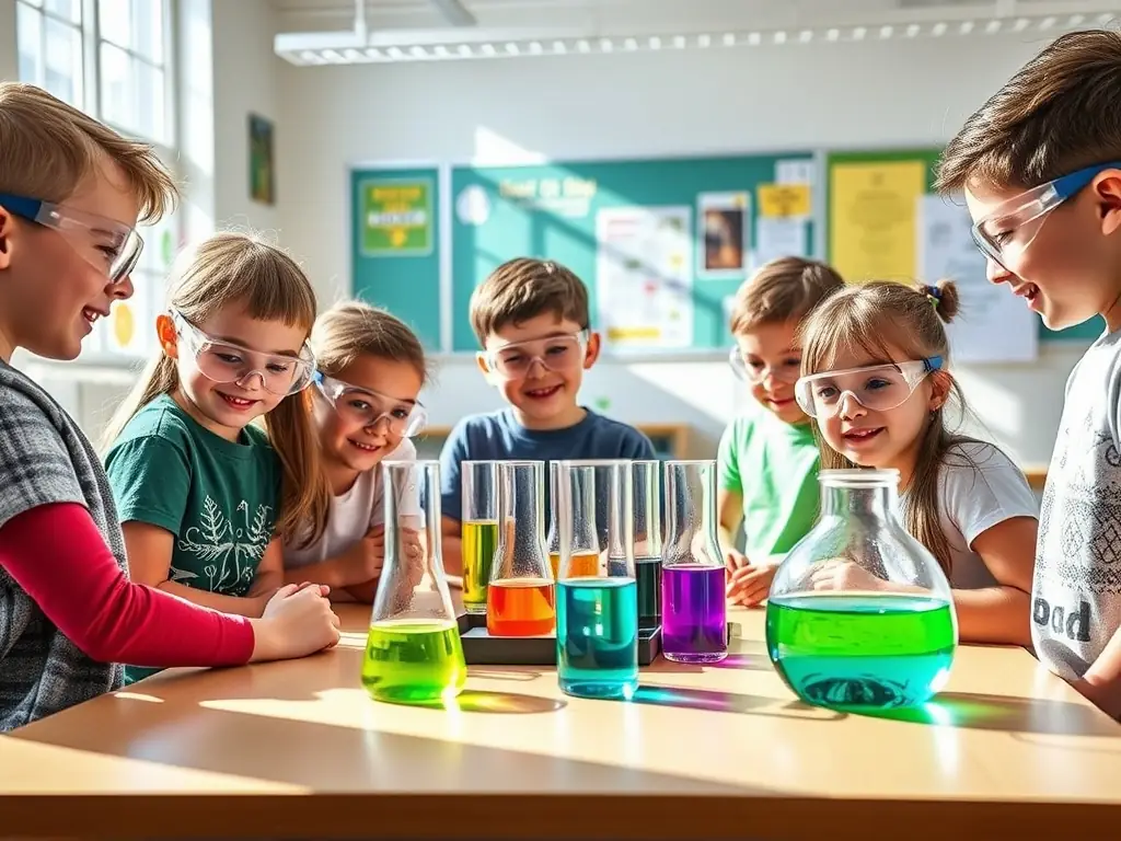 Kindergarten children engaged in a hands-on science experiment, mixing colorful liquids and observing reactions, with a teacher supervising and encouraging their curiosity.