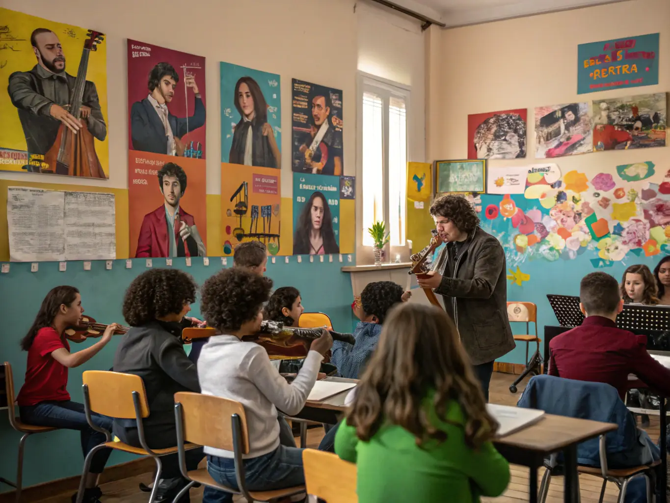 A group of kindergarten children happily participating in a music class, playing various instruments like xylophones and tambourines, with a teacher guiding them in a colorful classroom setting.