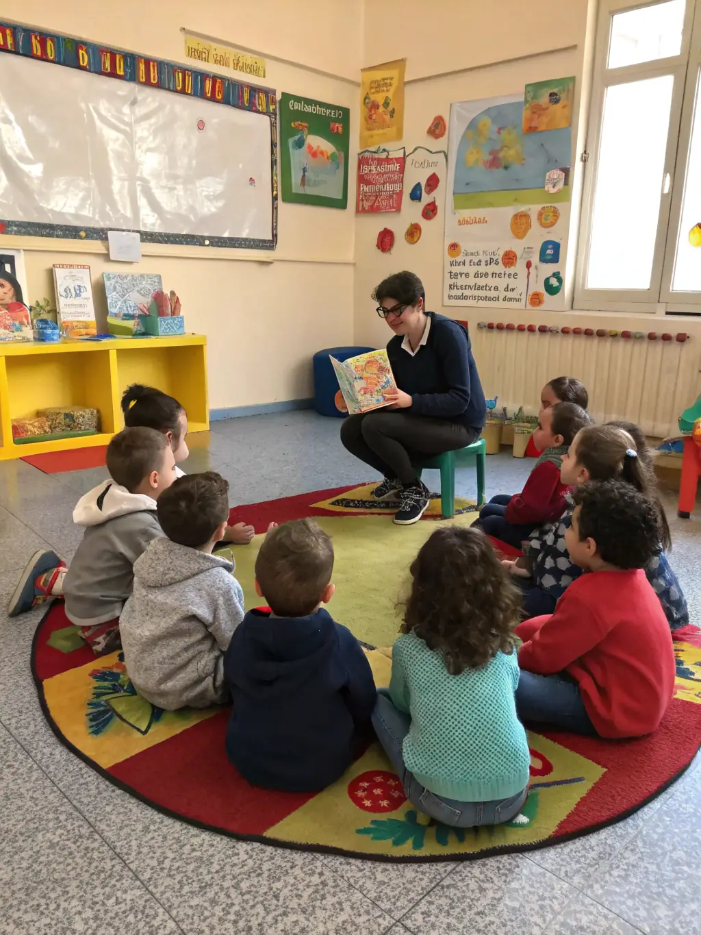 A group of preschool children sitting in a circle with their teacher, participating in a storytelling session with puppets.