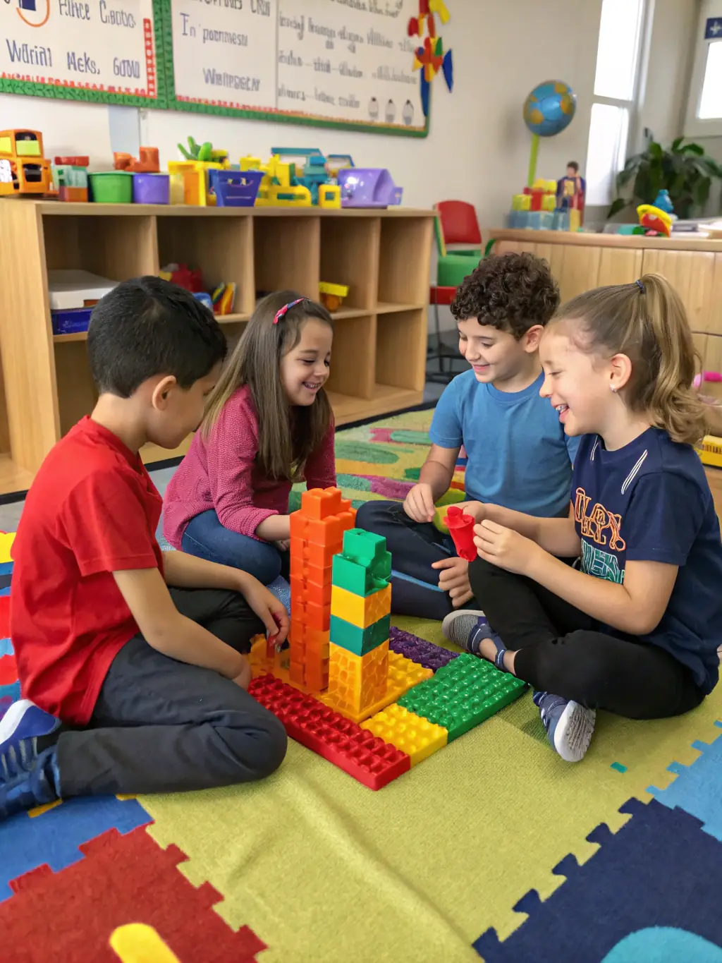 Preschoolers are playing with building blocks, constructing towers and other structures, promoting spatial reasoning and problem-solving skills.